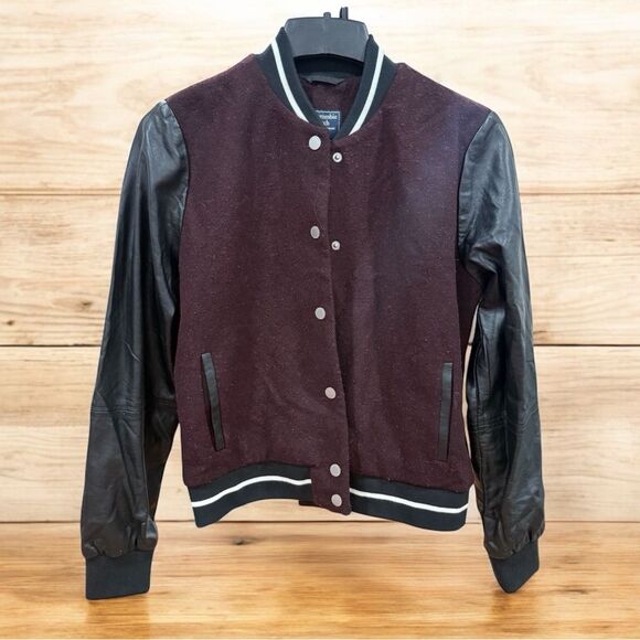 Y2K Abercrombie & Fitch Varsity Jacket Men’s Size Medium Burgundy Black Wool - Picture 2 of 5